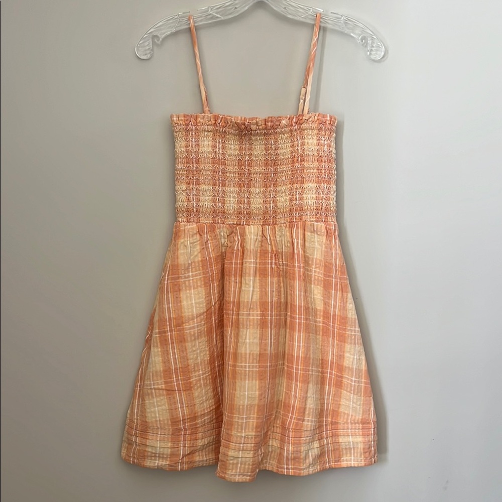 American Eagle Smockin On Sunshine Strapless Dress Peach Plaid Linen Blend | XS - Picture 3 of 9